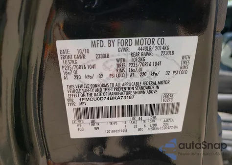 2011 Ford Escape Xlt из США, поврежденный, VIN 1FMCU0D74BKA73187